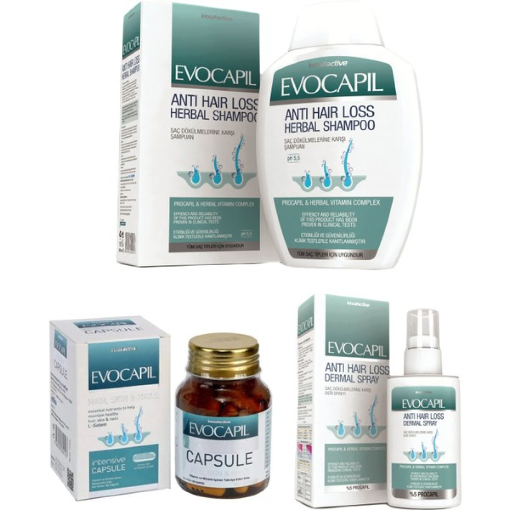 Evocapil Dökülmeye Karşı 3'lü Set Procapil Şampuan 300 ml + Anti Hairloss Sprey 60 ml + Intensive 60 Kapsül Şampuan ve Saç Kremi Fiyatı