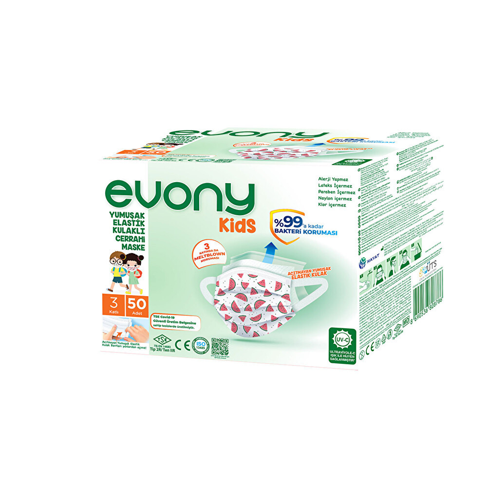 Evony 50'li Kids 3 Katlı Yumuşak Elastik Kulaklıklı Cerrahi Maske Maskeler Fiyatı