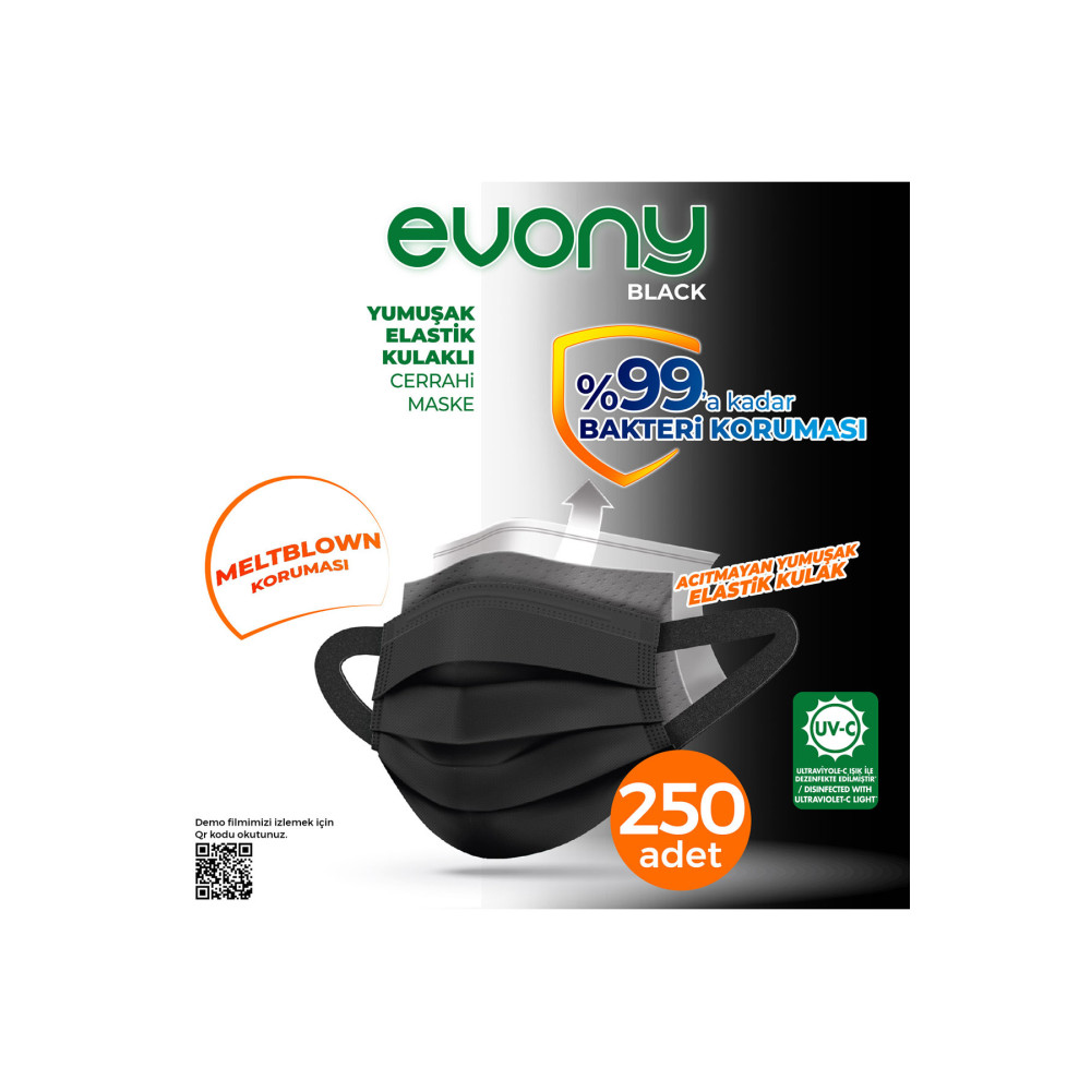Evony Black Elastik Kulaklı Siyah Maske 250 Adet Sağlık Fiyatı