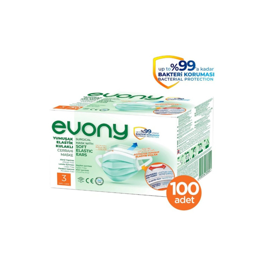 Evony Yumuşak Elastik Kulaklı 3 Katlı Telli Cerrahi Maske 100 Lü Sağlık Fiyatı