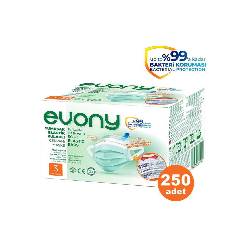 Evony Yumuşak Elastik Kulaklı 3 Katlı Telli Cerrahi Maske 250 Li Sağlık Fiyatı