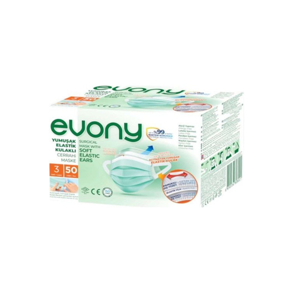 Evony Yumuşak Elastik Kulaklı 3 Katlı Telli Cerrahi Maske 50 Li Sağlık Fiyatı