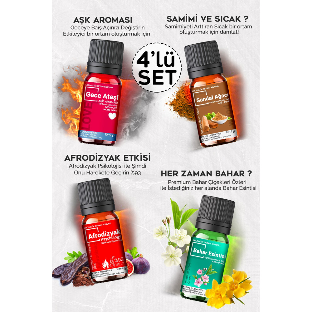 Evove Cosmetics Aşk Serisi Saf Oda Kokusu 4 lü Set Esansiyel Uçucu Yağ Buhardanlık 4x10 ml Koku Özü Cam Şişe 4adet Ev & Dekorasyon Aksesuarları Fiyatı
