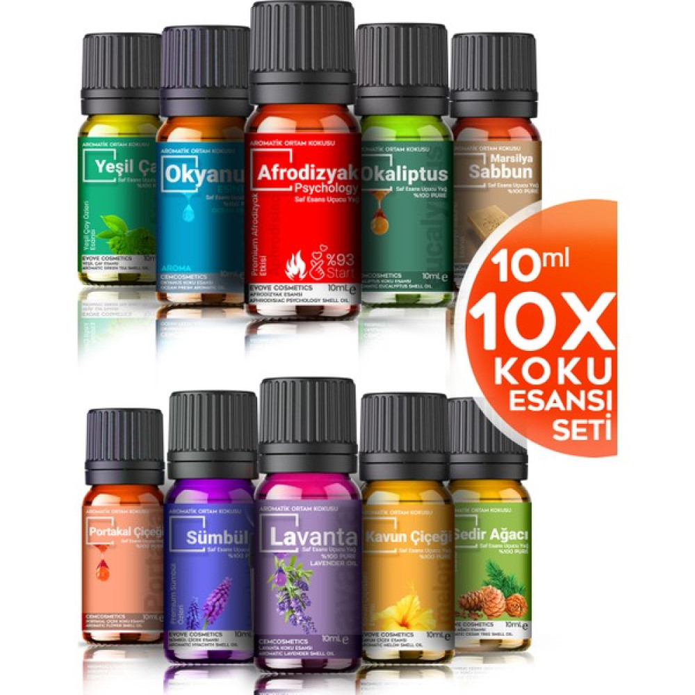 Evove Oda Kokusu Seti 10'lu Esansiyel Uçucu Yağ Buhurdanlık Yağı Difüzör Esansı Aromaterapi Ortam Kokusu 10X10=100 ml Oda Kokusu Fiyatı
