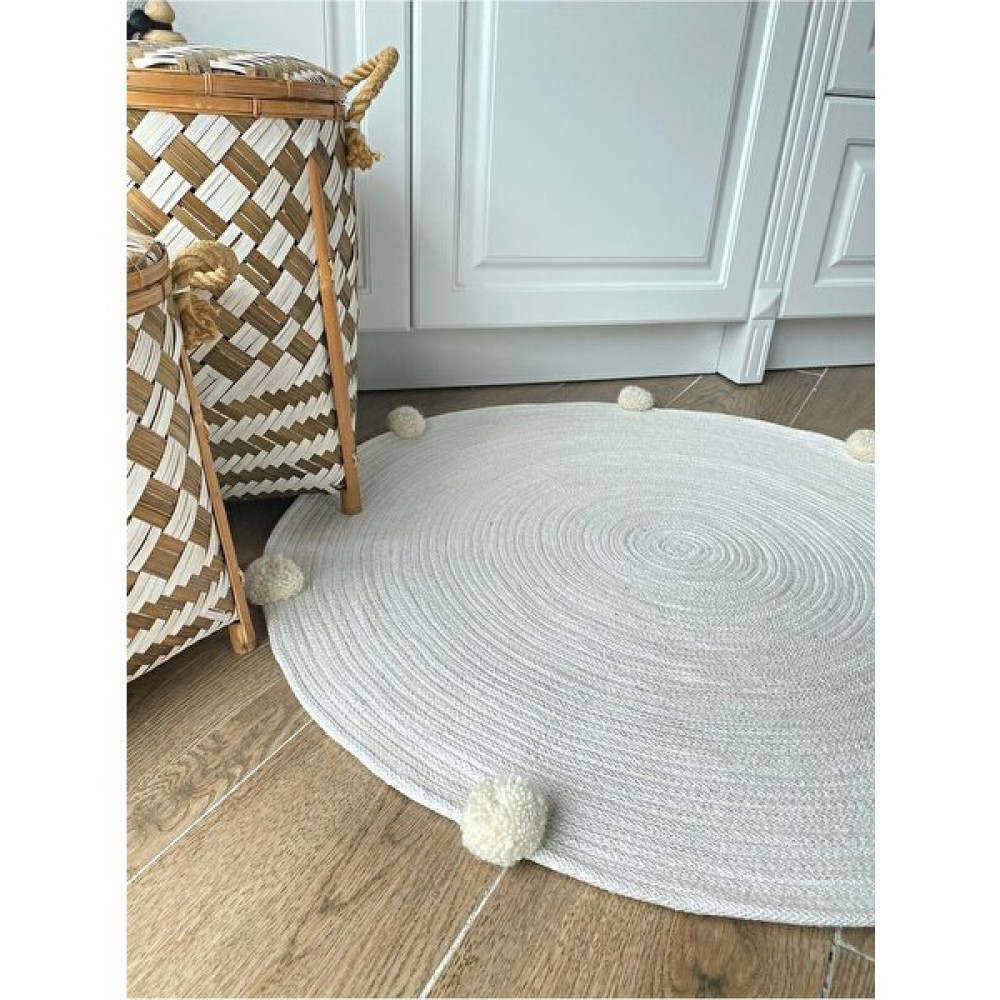 Evvemall Jüt Hasır Yıkanabilir Salon Mutfak Balkon Ve Bahçe Royal Serisi Ponponlu Jüt Kilim Halı 07 - Beyaz - 80 x 80 cm Kilim Fiyatı