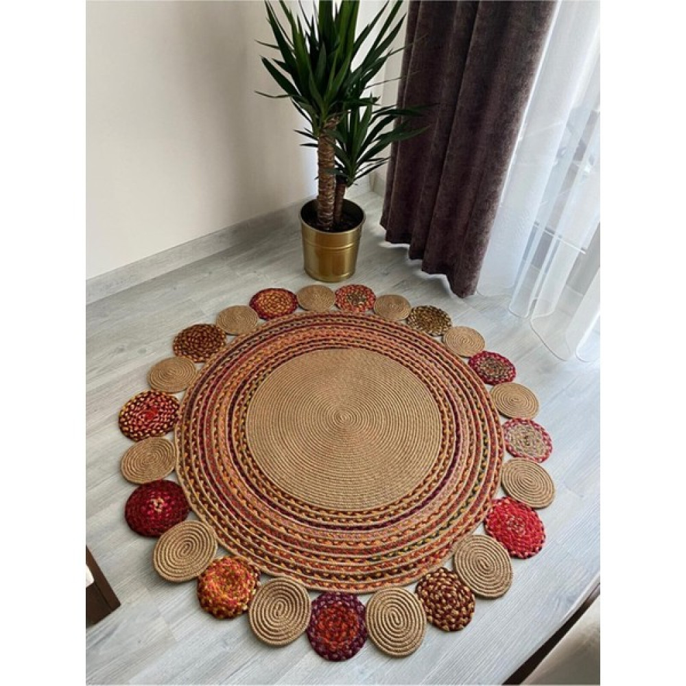Evvemall Jüt Hasır Yıkanabilir Salon Mutfak Balkon Ve Bahçe Royal Serisi Ponponlu Jüt Kilim Halı 08 - Renkli - 80 x 80 cm Kilim Fiyatı