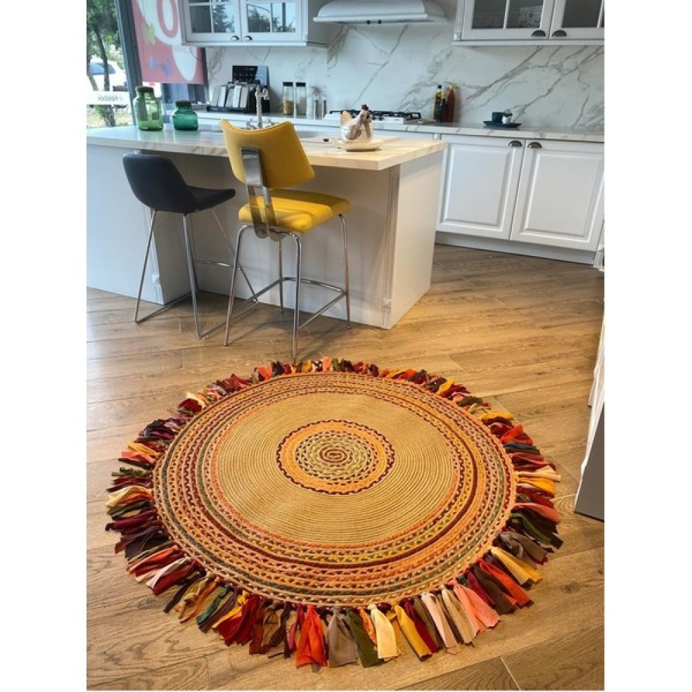 Evvemall Jüt Hasır Yıkanabilir Salon Mutfak Balkon Ve Bahçe Royal Serisi Ponponlu Jüt Kilim Halı 12 - Renkli - 80 x 80 cm Kilim Fiyatı