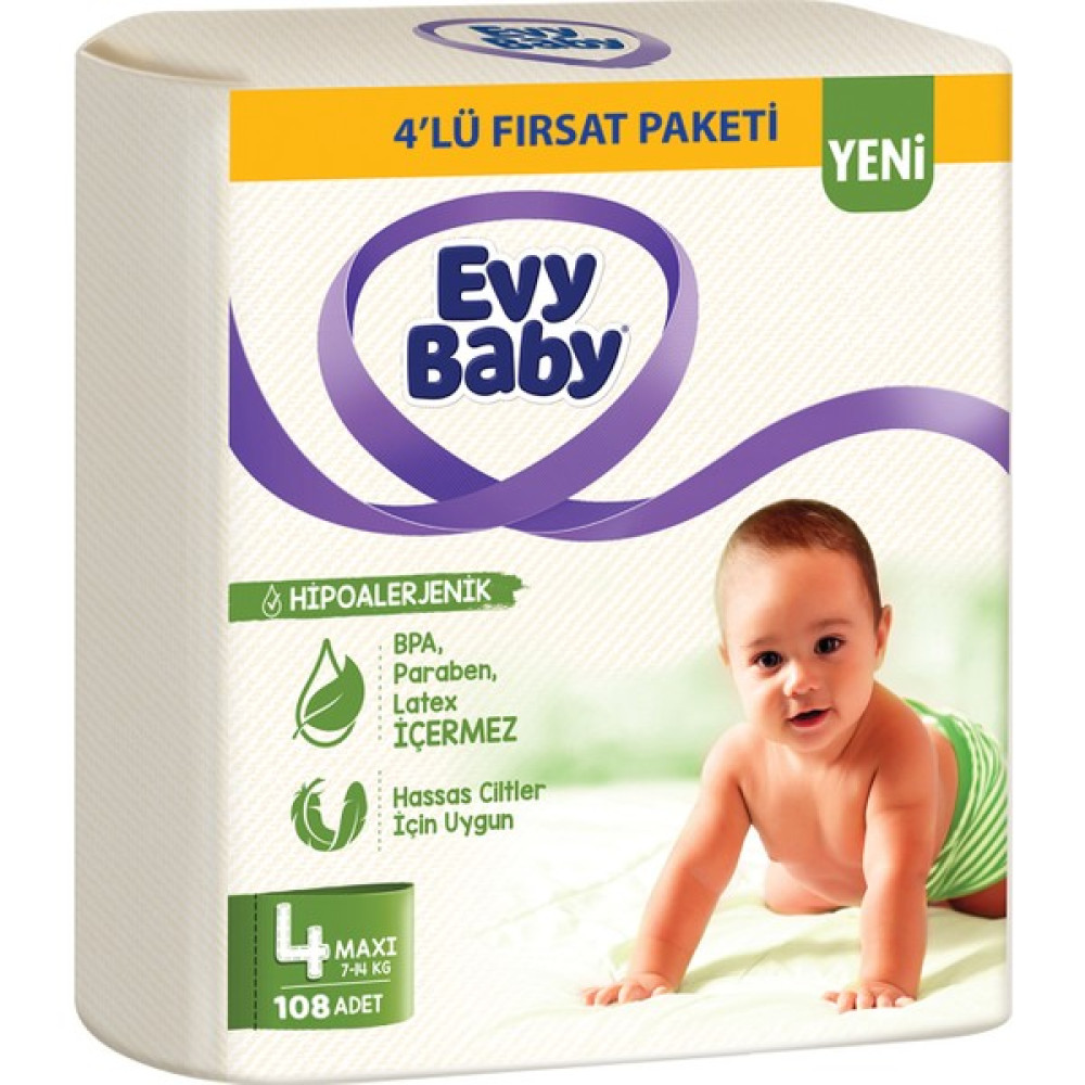 Evy Baby Bebek Bezi 4 Beden Maxi 4'lü Fırsat Paketi 108 Adet (YENİ) Bebek Bezi Fiyatı
