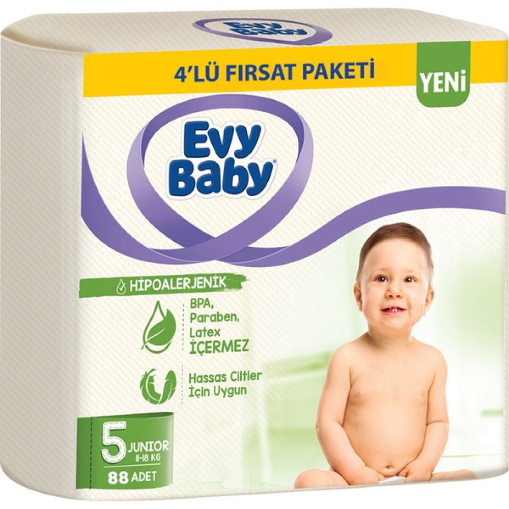 Evy Baby Bebek Bezi 5 Beden Junior 4'lü Fırsat Paketi 88 Adet Bebek Bezi Fiyatı