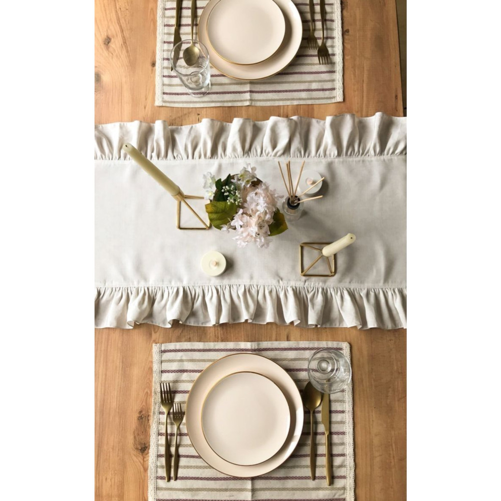 EVYA %100 Pamuklu Ham Keten Fırfırlı Vintage Runner 40x140 cm Runner Fiyatı
