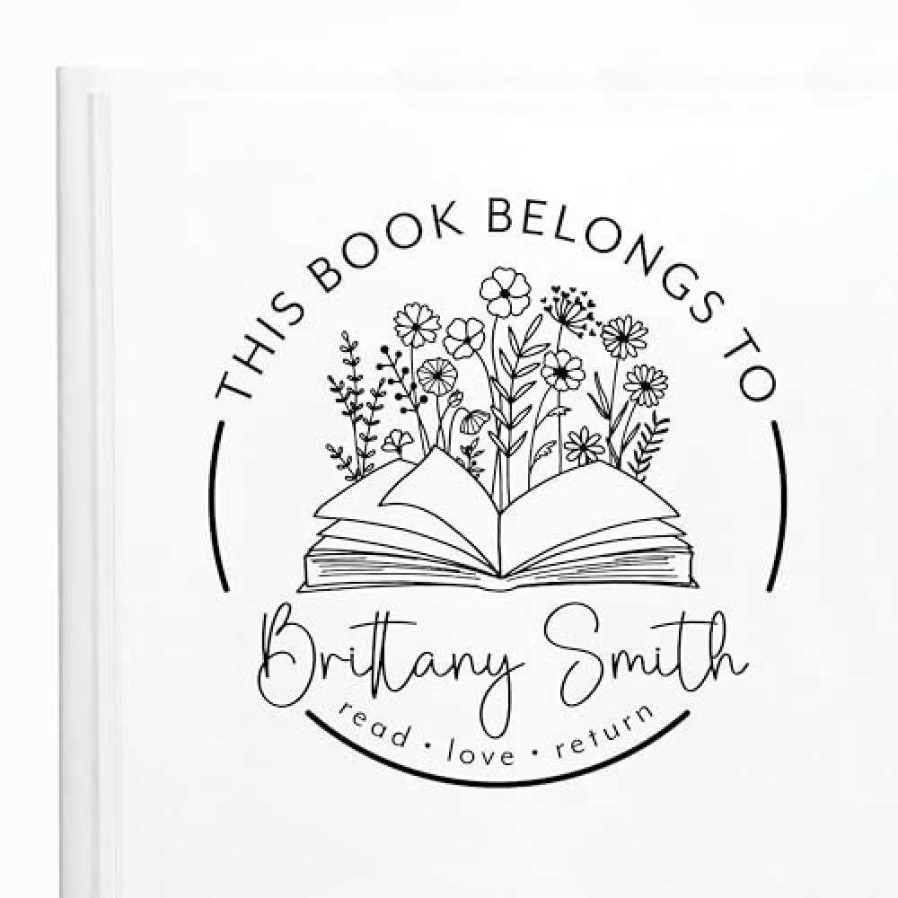 ExcelMark Personalized Book Stamp - from The Library of - Ex Libris - Wood Stamp, Self-Inking Stamp, or Embosser (Wildflower, Round)