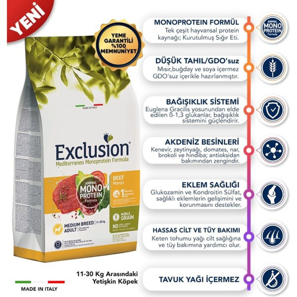 Exclusion Mediterraneo Monoprotein Sığır Etli Tahıllı Orta Irk Yetişkin Köpek Maması 3 kg Evcil Hayvan Ürünleri Fiyatı