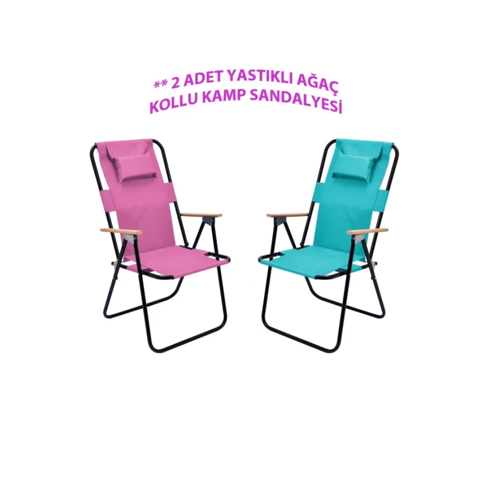 Exent 2' Li Yastikli Yuksek Sirtli Katlanir Buyuk Boy Kamp Piknik Sandalyesi, Agac Kollu-Pembe Ve Turkuaz Kamp Sandalyesi Fiyatı