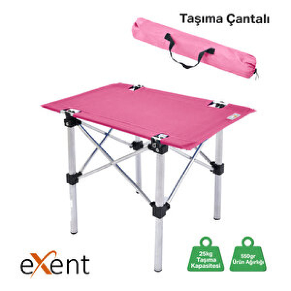 Exent 31x46 Cm Mini Kamp Masası, Çocuk Piknik Masası, Bahçe Balkon Plaj Masası, Taşıma Çantalı-Pembe Kamp Malzemeleri Fiyatı