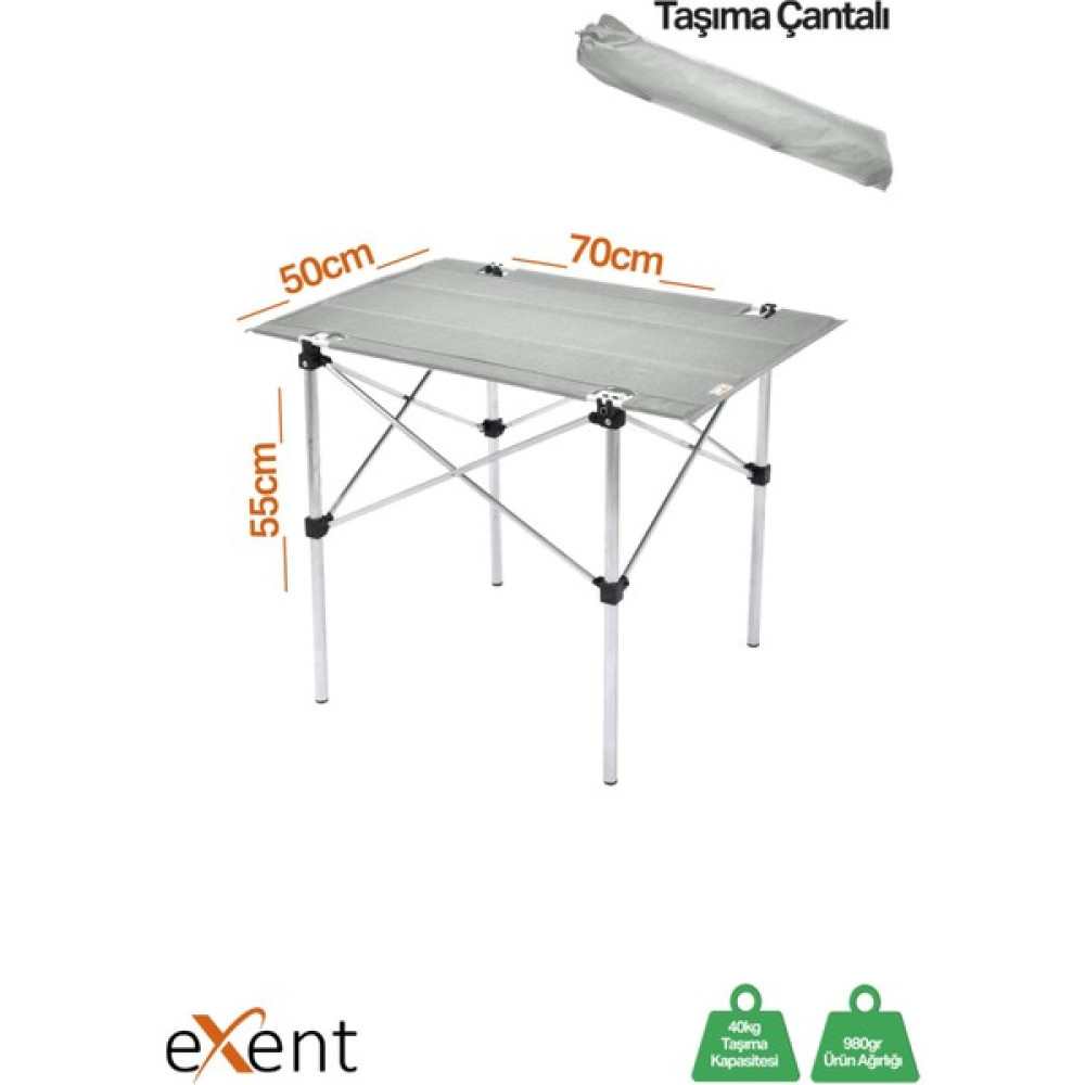 Exent 50X70 cm Kamp Masası Katlanabilir Masa, Piknik Bahçe Balkon Plaj Masası, Taşıma Çantalı Masa-Gri Kamp & Piknik Masası Fiyatı