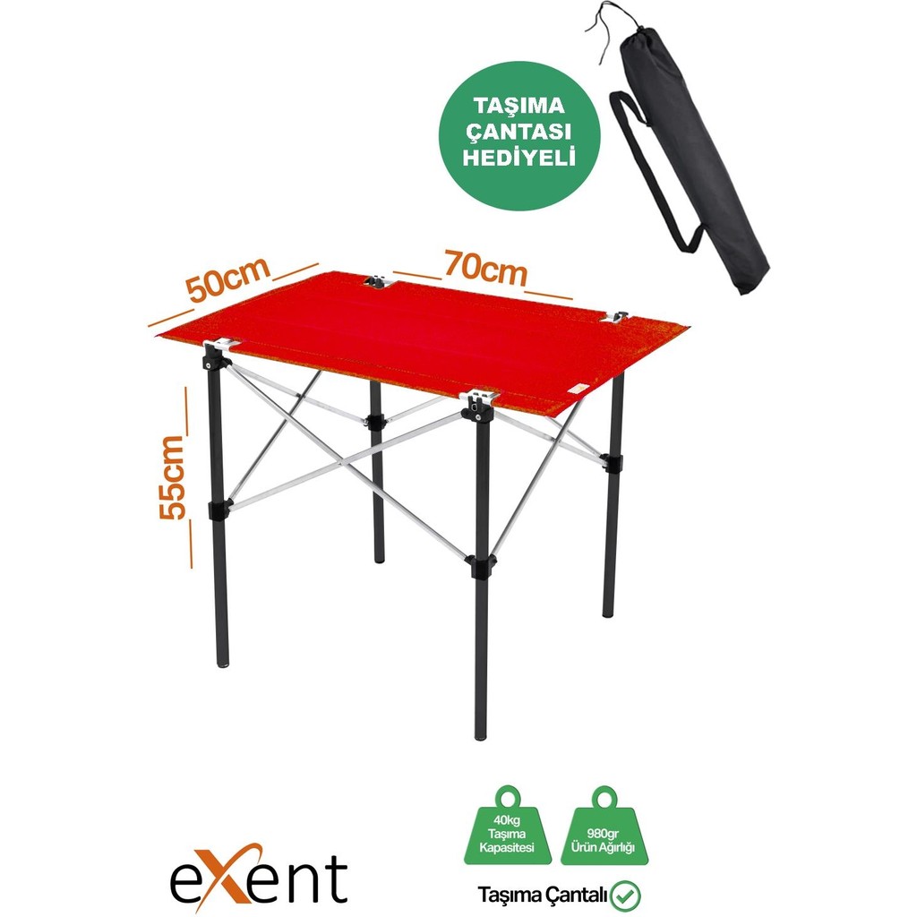 Exent 50X70 cm Kamp Masası Katlanabilir Masa, Piknik Masası, Siyah Taşıma Çantalı-Kırmızı Kamp & Piknik Masası Fiyatı