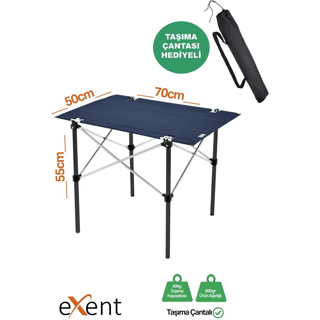 Exent 50X70 cm Kamp Masası Katlanabilir Masa, Piknik Masası, Siyah Taşıma Çantalı-Lacivert Kamp & Piknik Masası Fiyatı