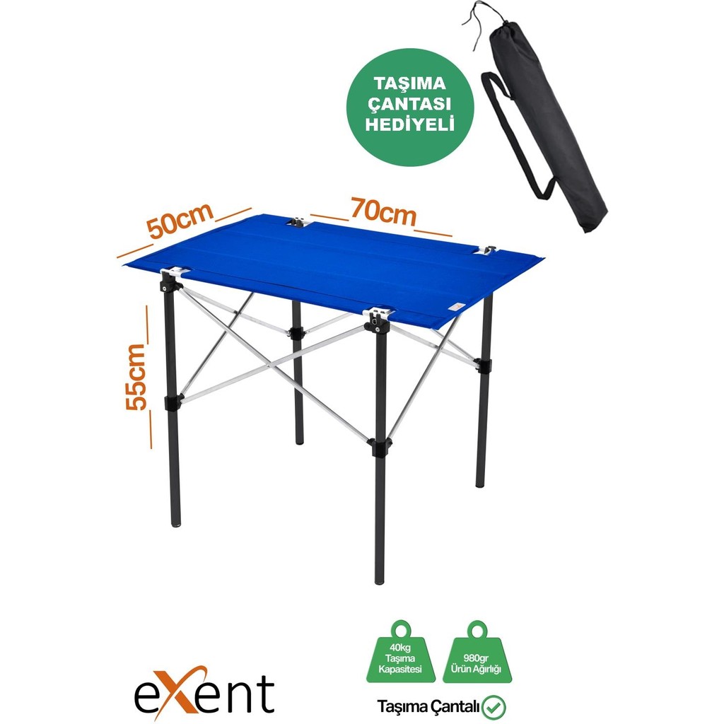 Exent 50X70 cm Kamp Masası Katlanabilir Masa, Piknik Masası, Siyah Taşıma Çantalı-Mavı Kamp & Piknik Masası Fiyatı