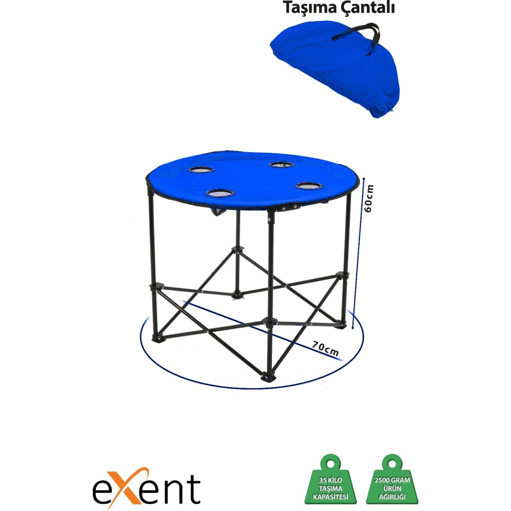 Exent 70 x 60 cm Mavi Metal Katlanır Piknik Masası Taşıma Çantalı 35 kg Kapasiteli Kamp & Piknik Masası Fiyatı