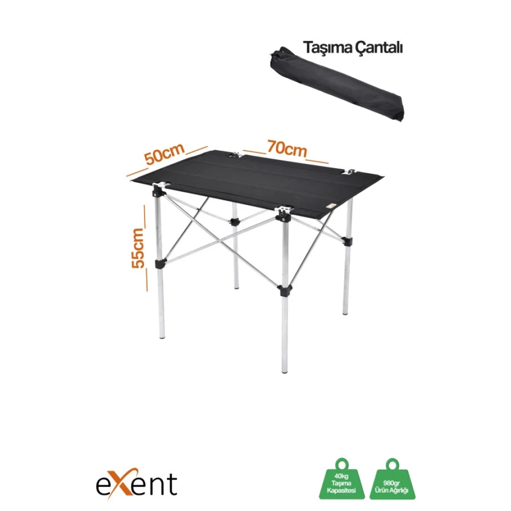 Exent 70X50 Cm Tekstil Kamp Masasi, Piknik, Bahce Balkon Plaj Masasi, Katlanir Tasima Cantali-Sıyah Kamp Aksesuarı Fiyatı