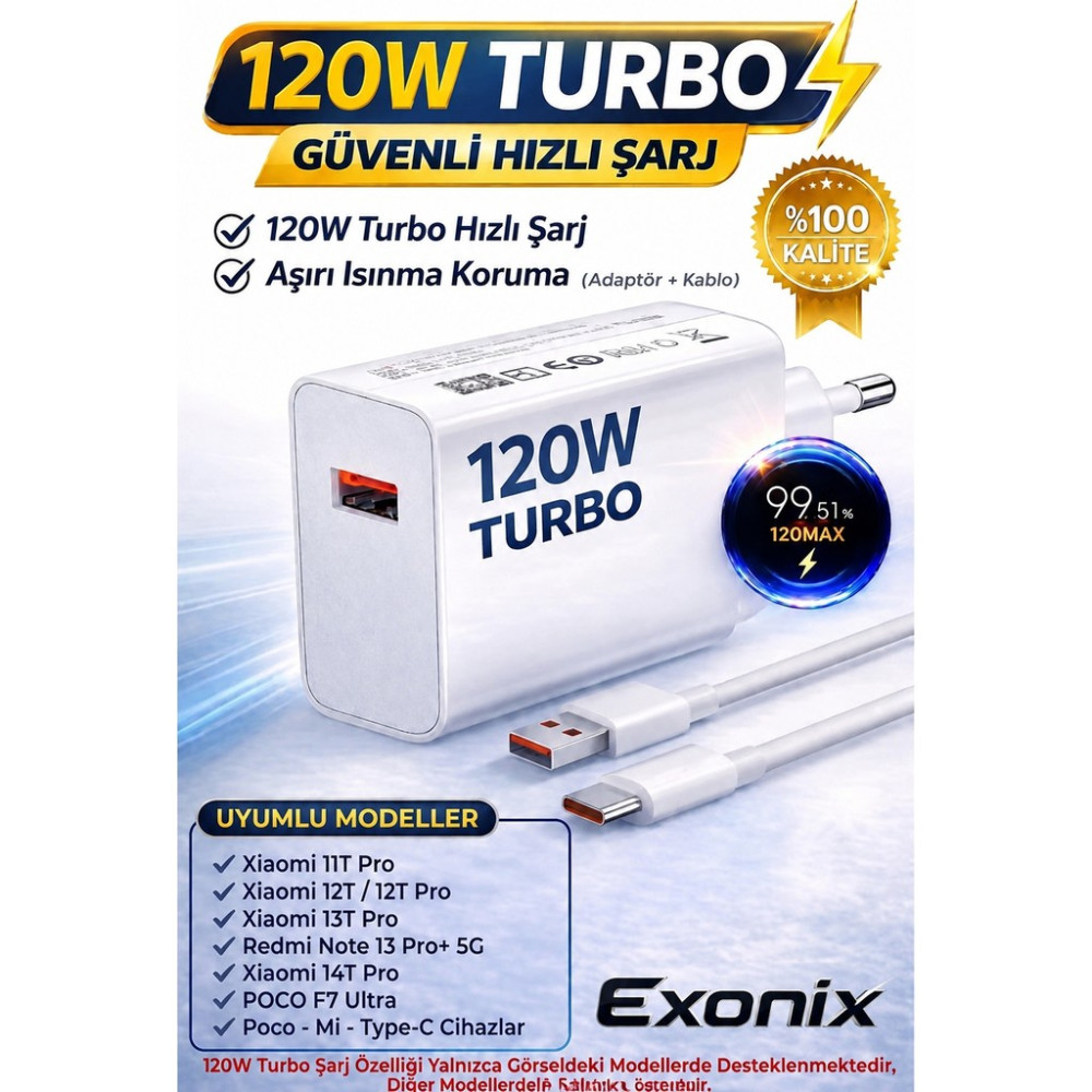 Exonix 120W (Watt) Turbo Hızlı Şarj Adaptör+Kablo(Set) Tüm Telefonlarla Uyumlu Turbo Hızlı Şarj Aleti Seti Beyaz Cep Telefonu Şarj Cihazı Fiyatı
