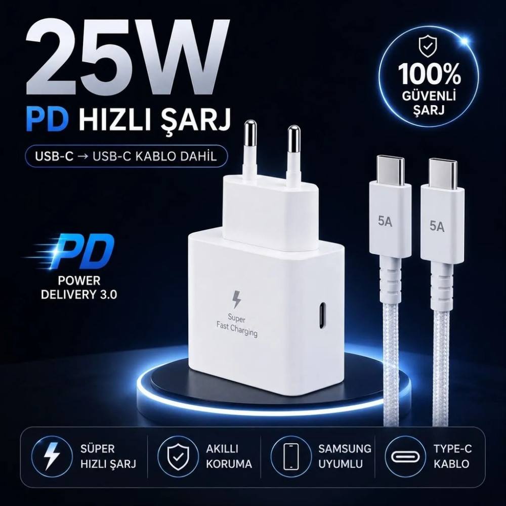 Exonix 25W (Watt) Samsung Uyumlu Süper Hızlı Şarj Uyumlu Başlık | Type-C To Type-C Kablo Set Siyah A Serisi ve S Serisi Bütün Modellerleuyumludur Cep Telefonu Şarj Cihazı Fiyatı