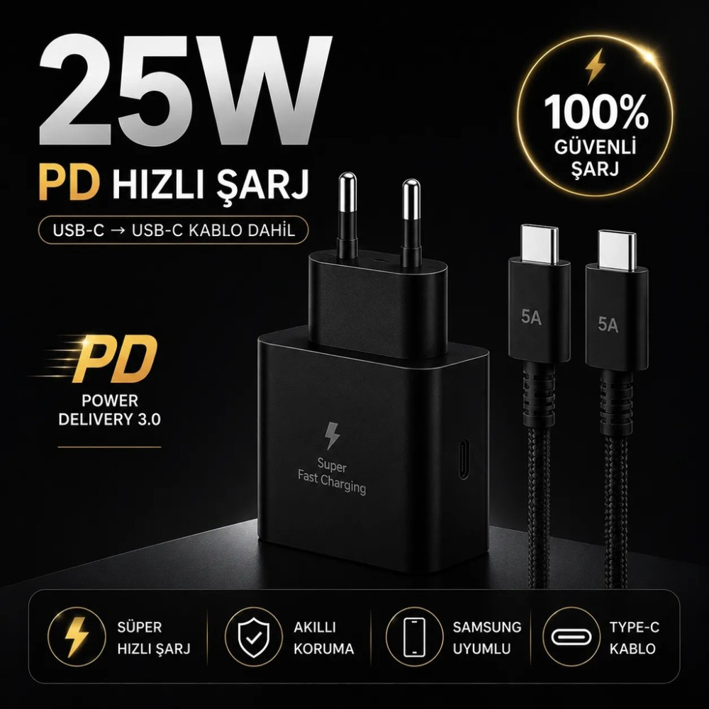Exonix 25W (Watt) Samsung Uyumlu Süper Hızlı Şarj Uyumlu Başlık | Type-C To Type-C Kablo Set Siyah A Serisi ve S Serisi Bütün Modellerleuyumludur Cep Telefonu Şarj Cihazı Fiyatı