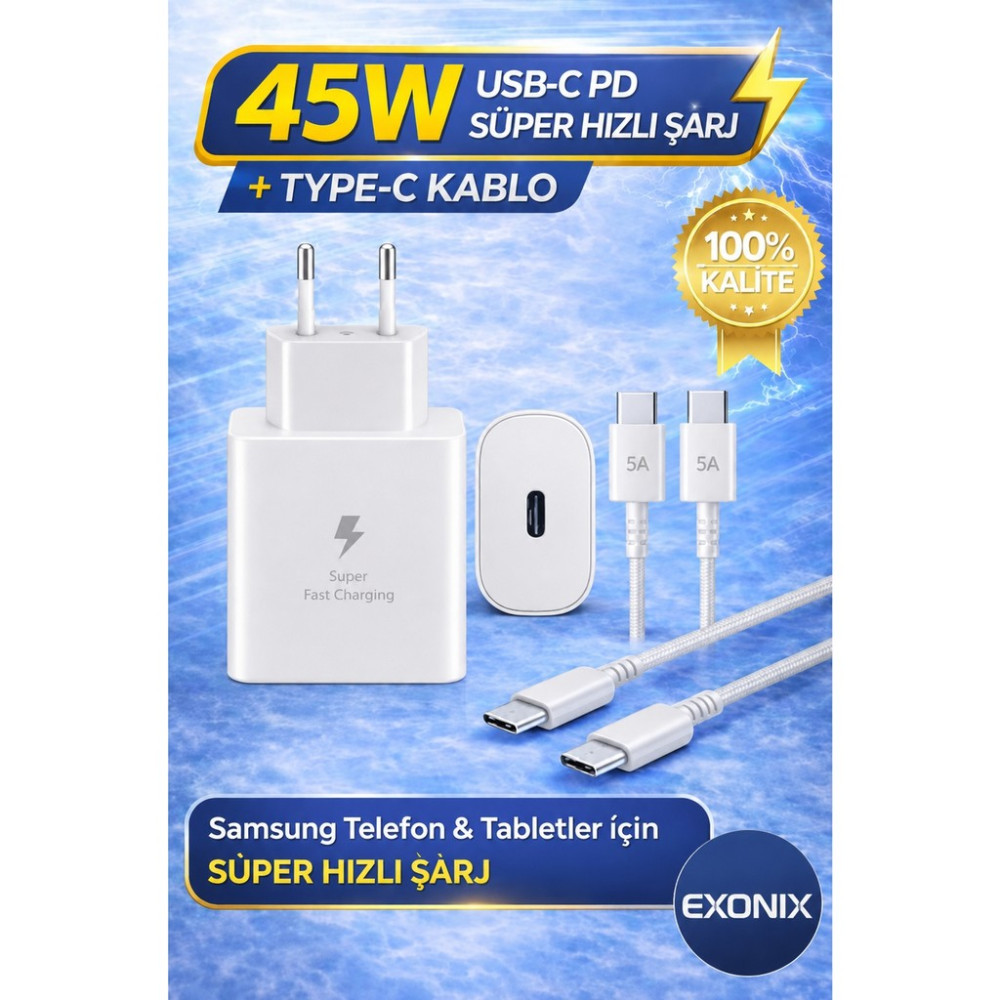 Exonix 45W (Watt) Samsung Uyumlu Süper Hızlı Şarj Uyumlu Başlık | Type-C To Type-C Kablo Set Beyaz Cep Telefonu Şarj Cihazı Fiyatı