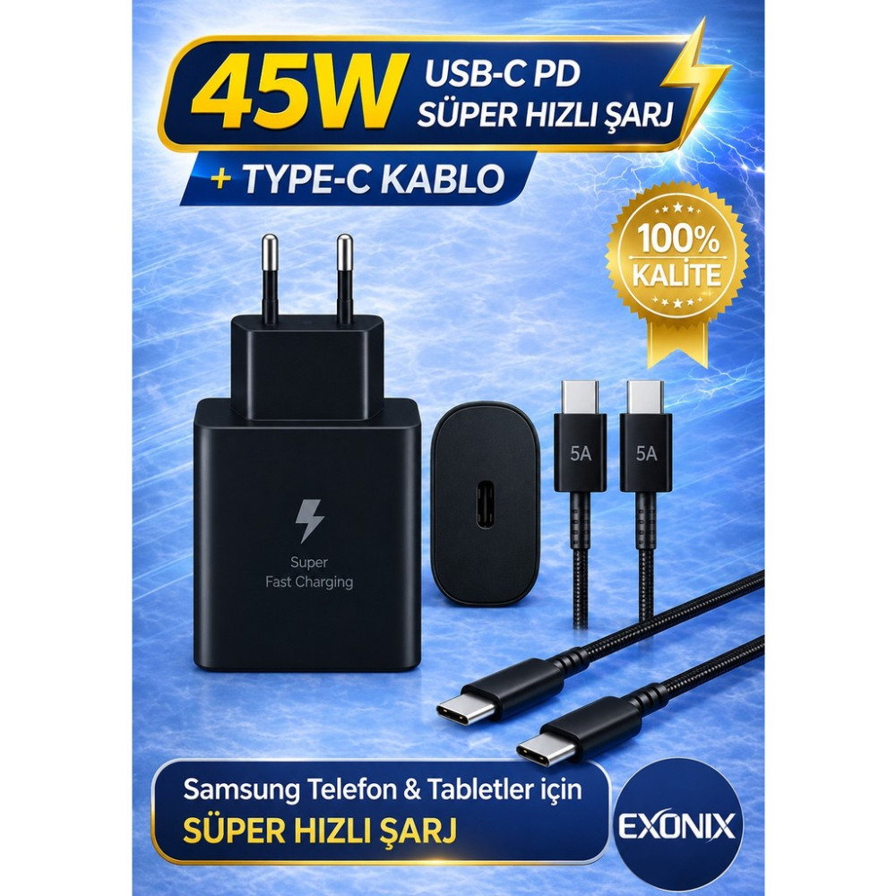Exonix 45W (Watt) Samsung Uyumlu Süper Hızlı Şarj Uyumlu Başlık | Type-C To Type-C Kablo Set Beyaz - Siyah Cep Telefonu Şarj Cihazı Fiyatı