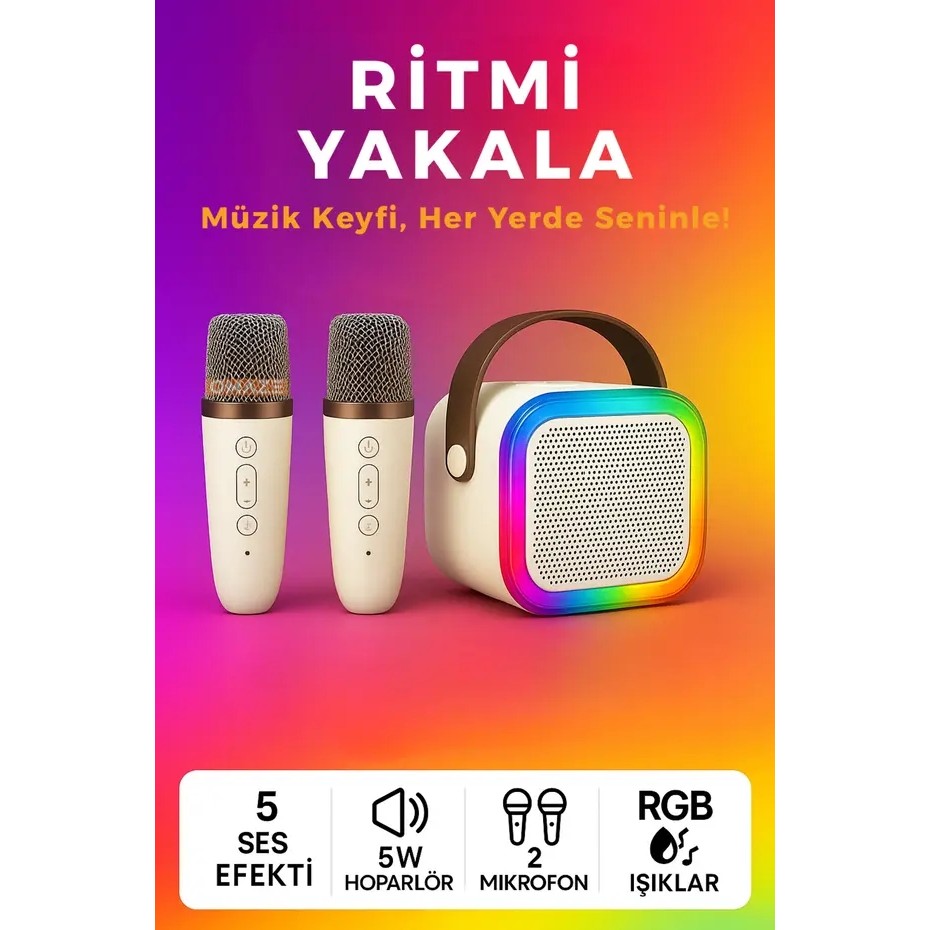 Exonix Çift Mikrofonlu Karaoke Bluetooth Hoparlör Rgb LED Işıklı 5 Efektli Ses Bombası - Bej Bluetooth Hoparlör Fiyatı
