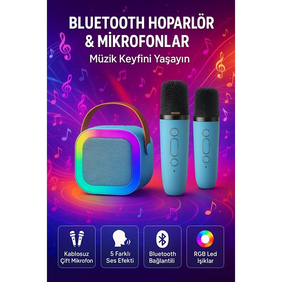 Exonix Çift Mikrofonlu Karaoke Bluetooth Hoparlör Rgb LED Işıklı 5 Efektli Ses Bombası - Mavi Bluetooth Hoparlör Fiyatı