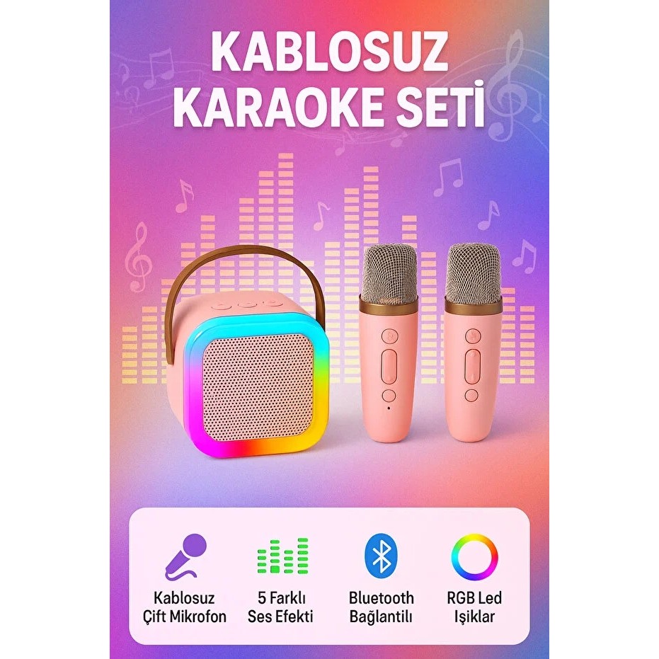 Exonix Çift Mikrofonlu Karaoke Bluetooth Hoparlör Rgb LED Işıklı 5 Efektli Ses Bombası - Pembe Bluetooth Hoparlör Fiyatı