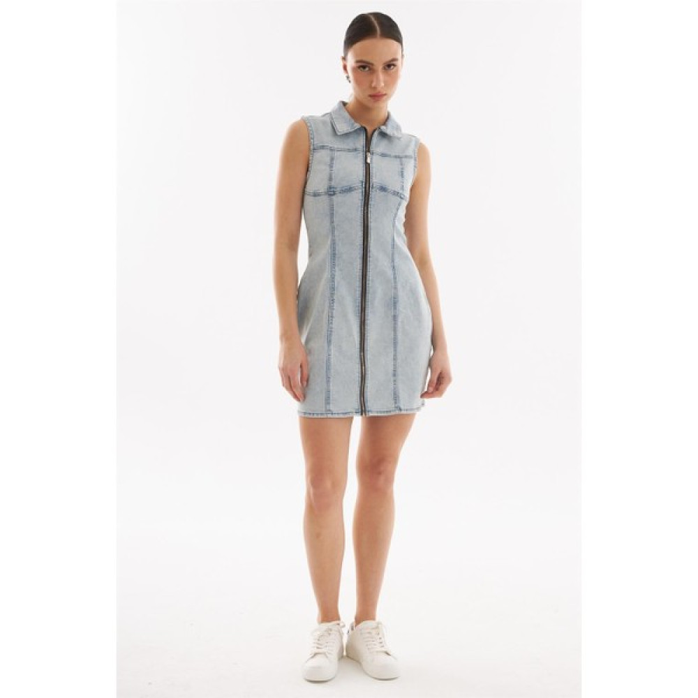 Explode - Fermuarlı Mini Denim Elbise Açık Mavi Elbise Fiyatı