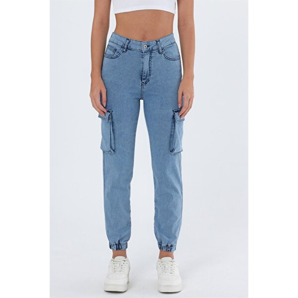 Explode Kadın Kargo Cep Paça Lastikli Jogger Kot Pantolon Mavi Bayan Jeans / Kot Pantolon Fiyatı