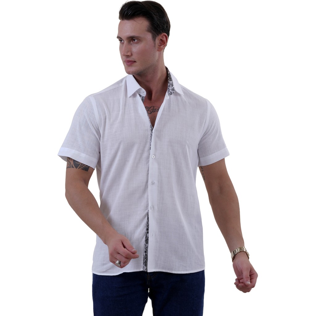 Exve Exclusive Beyaz Flamlı Keten Siyah Şal Desen Yaka ve Garni Detaylı Slim Fit Kısa Kollu Gömlek Giyim & İç Giyim Fiyatı