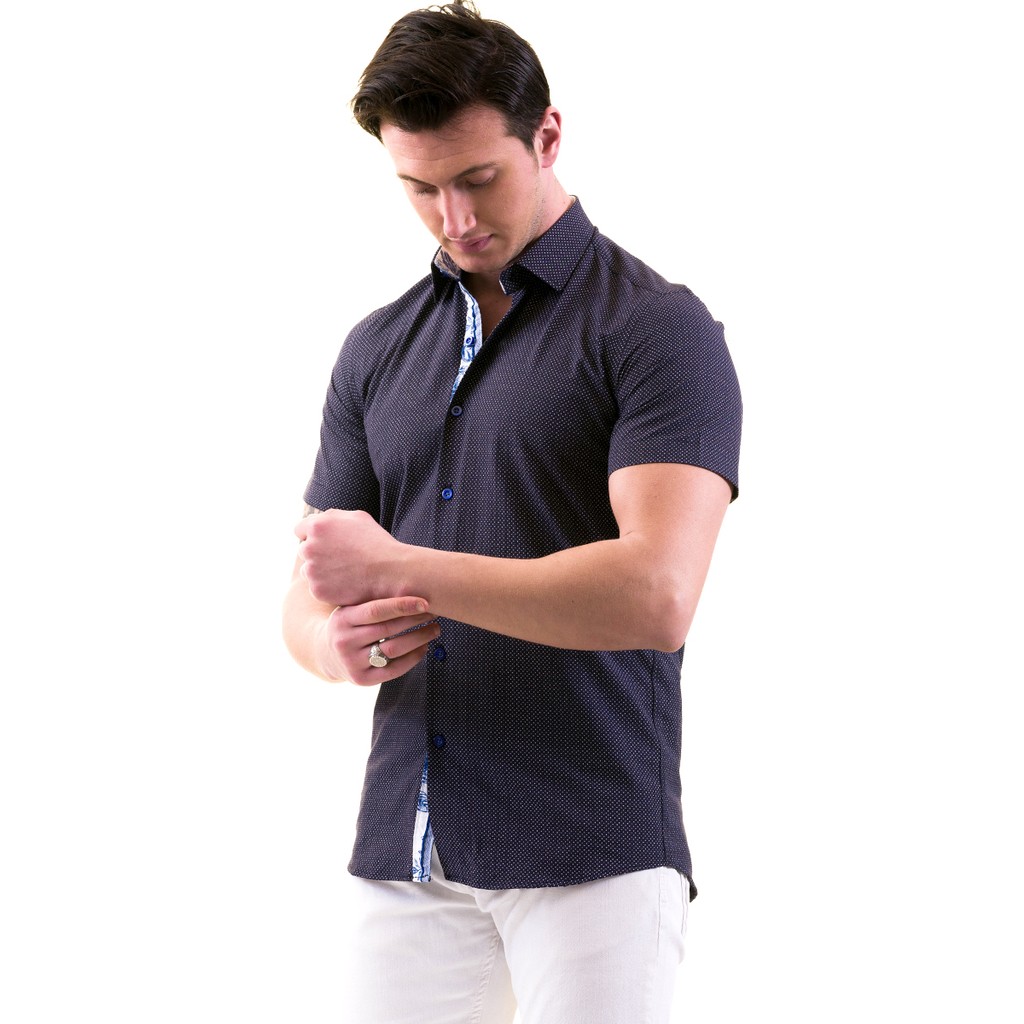 Exve Exclusive Lacivert Beyaz Baskılı Yaka ve Göğüs Içi Mavi Beyaz Gül Detaylı Slim Fit Kısa Kollu Pamuk Gömlek Giyim & İç Giyim Fiyatı
