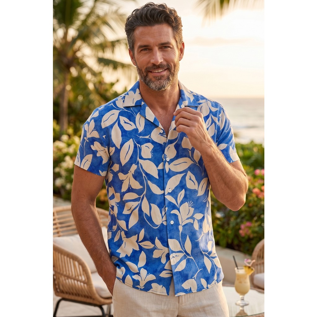 Exve Exclusive Mavi Bej Çiçek Baskılı Doğal Nefes Alan Viskon Rahat Kısakol Yazlık Soft Hawaii Gömlek Giyim & İç Giyim Fiyatı