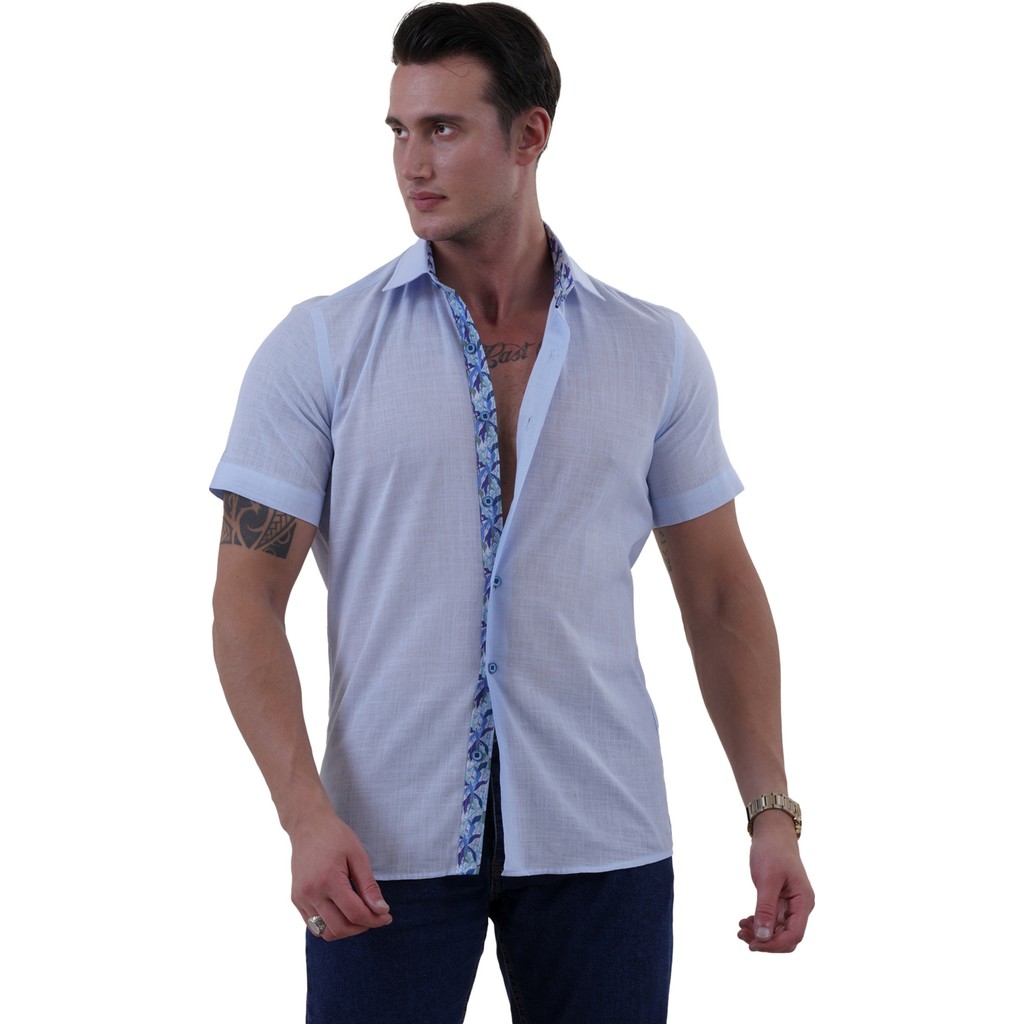 Exve Exclusive Mavi Flamlı Keten Yaka ve Göğüs Pat Baskı Detaylı Slim Fit Kısa Kollu Yazlık Gömlek Giyim & İç Giyim Fiyatı