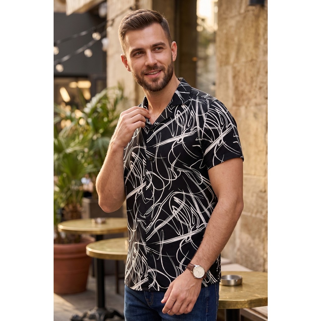 Exve Exclusive Siyah Beyaz Abstract Desen Doğal Nefes Alan Viskon Rahat Kısakol Yazlık Soft Hawaii Gömlek Giyim & İç Giyim Fiyatı