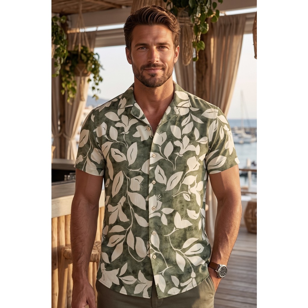Exve Exclusive Su Yeşili Beyaz Çiçek Baskılı Doğal Nefes Alan Viskon Rahat Kısakol Yazlık Soft Hawaii Gömlek Giyim & İç Giyim Fiyatı