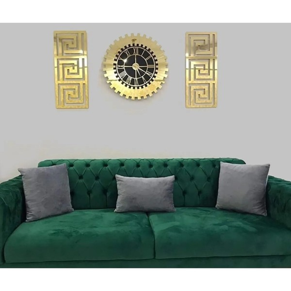 Eyberra Modern & Şık Tasarım Mdf Üzeri Gold Aynalı Pleksi 3lü Duvar Saat Seti - Siyah - Gold - 50 x 50 cm Dekoratif Saat Fiyatı