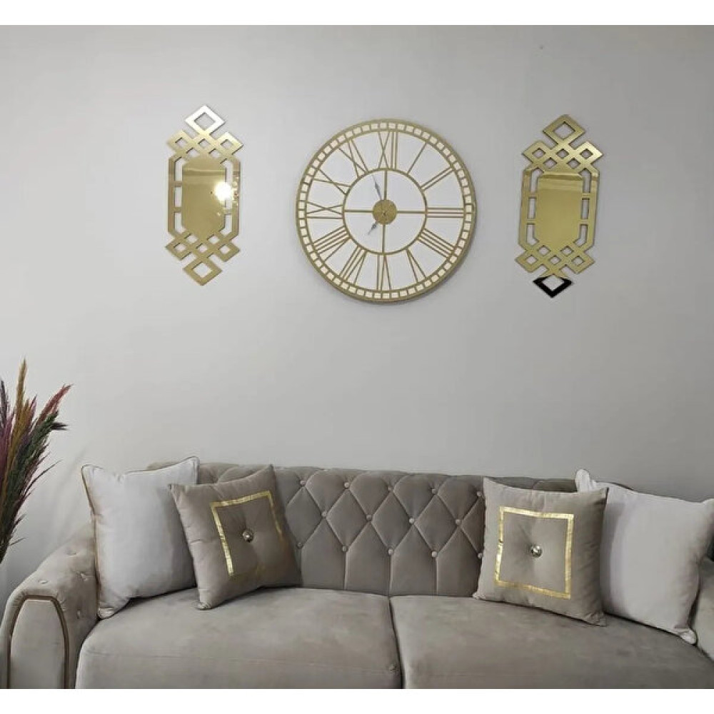 Eyberra Şık & Modern Tasarım Ahşap Mdf Üzeri Gold Aynalı Pleksi 3lü Duvar Saat Seti - 50 x 50 cm Dekoratif Saat Fiyatı