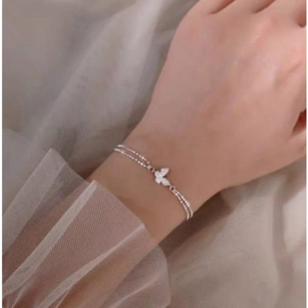Eyelashes Silver 925 Ayar Gümüş Kristal Tasli Çift Sıra Zincirli Kelebek Bileklik Saat ve Bileklik Aksesuarı Fiyatı