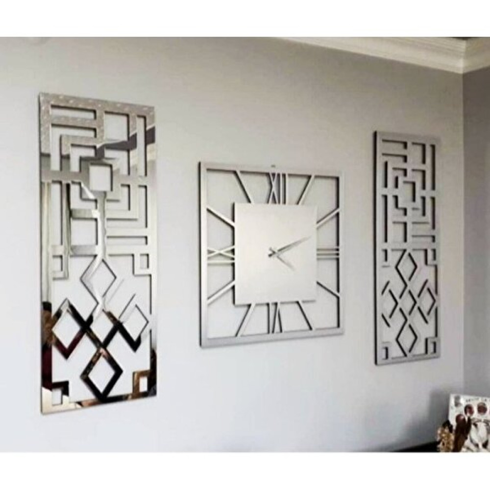 Eyka Store Aynalı Pleksi Gümüş Duvar Saati 40X40 cm Yan Ayna 20X50 cm 3'lü Şık Dekoratif Takım - 40 x 40 cm Dekoratif Saatler Fiyatı