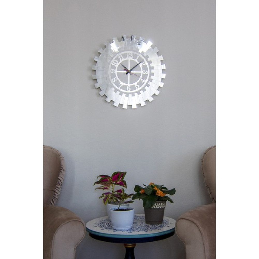Eyka Store Modern Gümüş Güneş Duvar Saati Dekoratif Türk Rakamlı Mdf Üzeri Aynalı Pleksi - Beyaz - Gümüş - 50 x 50 cm Dekoratif Saat Fiyatı