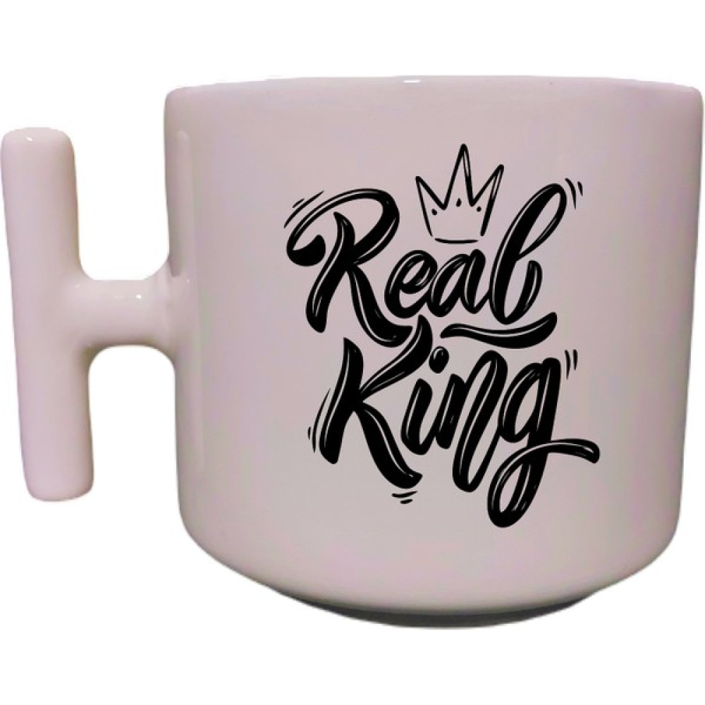 Eylül Design Real King Yazılı Krem Rengi T Saplı Eğlenceli Yazılı Özel Tasarım Baskılı Kupa Bardak Latte Bardağı - Beyaz - 330 ml Fincan / Bardak / Kahve Takımı Fiyatı