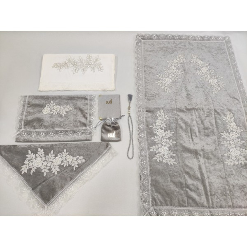 Eylül Fransız Güpür 7 Parça Seccade Takımı Kadife Bohça Gri - 70 x 120 cm Seccade Fiyatı