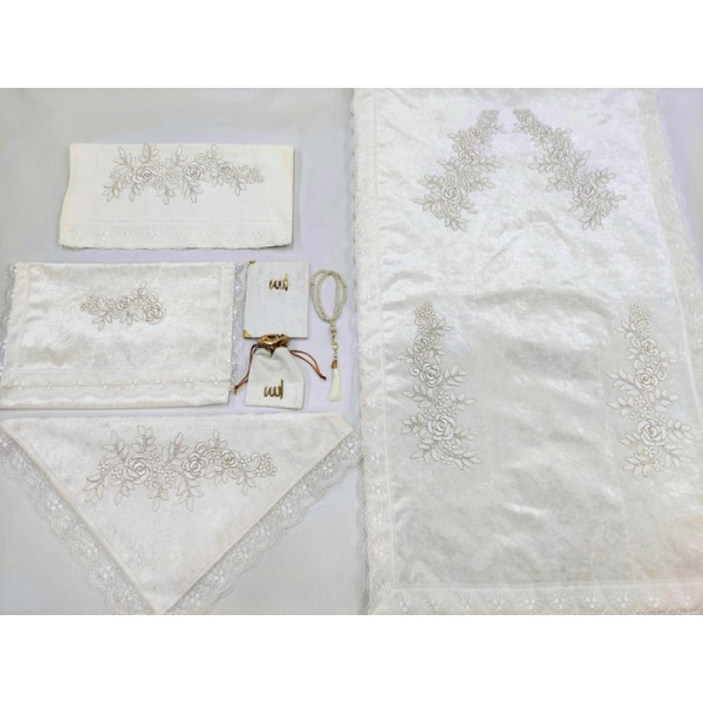 Eylül Fransız Güpür 7 Parça Seccade Takımı Kadife Bohça Seti Krem - 120 x 70 cm Seccade Fiyatı