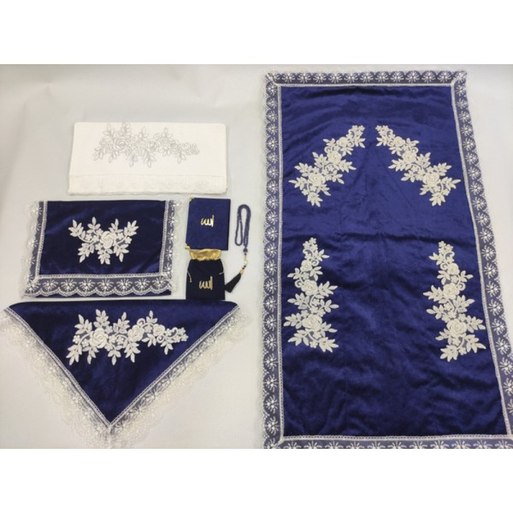 Eylül Fransız Güpür 7 Parça Seccade Takımı Kadife Bohça Seti Lacivert - 120 x 70 cm Seccade Fiyatı