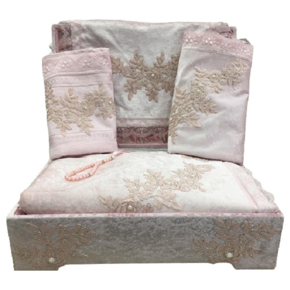 Eylül Fransız Güpür Sandıklı Seccade Takımı Kadife Bohça Seti Pudra - 70 x 120 cm Seccade Fiyatı